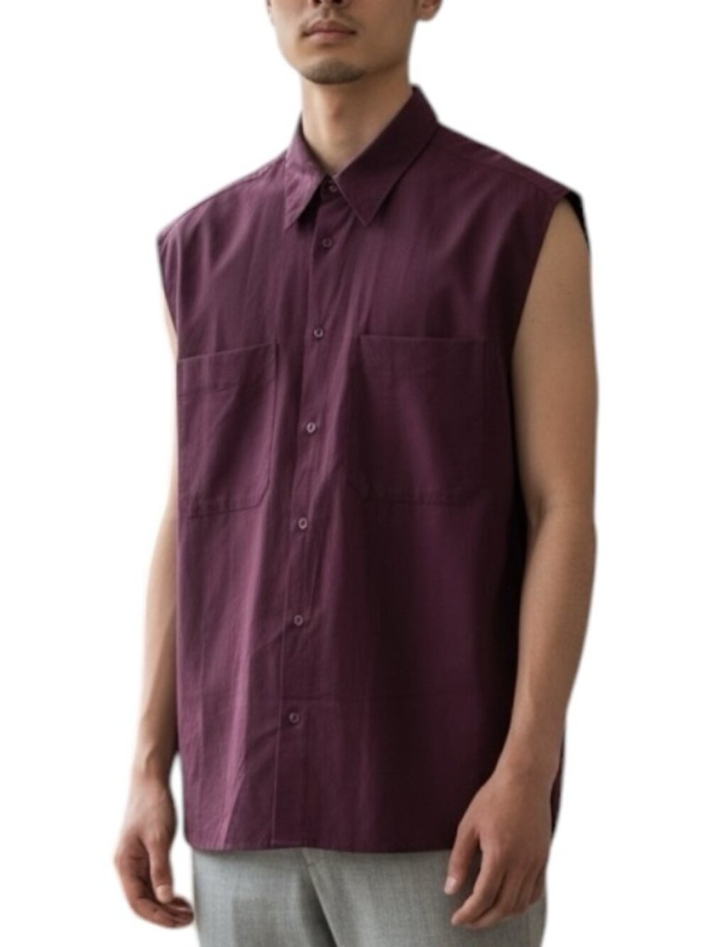 UNIQLO U Sleeveless Button Up Shirt Mens M Burgundy Oversized Boxy Japan